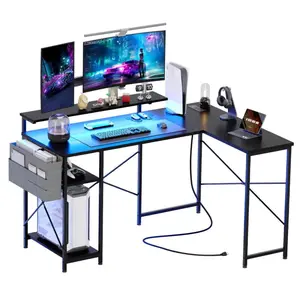 【GARVEE】L Shaped Computer Gaming Desk 54 Inch Reversible Desk with Power Outlet & LED Light, Corner Desk with Storage Bag, For Small Spaces Has Rgb Lights Strip Under Its Monitor Shelf