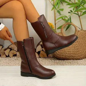 Women'S Chunky Mid-Heel Ankle Boots - Brown Synthetic Cover with Zipper Closure, Round Toe & faux fur Lining, Casual Winter Boots for Everyday & Formal Outfits