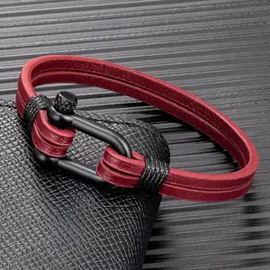 Men Women U-shape Shackle Bracelet Handmade Multilayer Leather Bracelets Black Stainless Steel Sport Buckle Outdoor Style