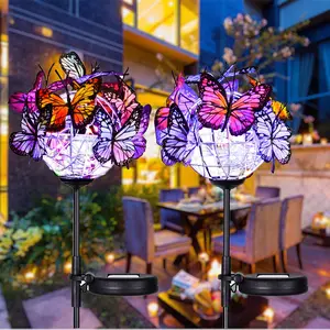 Outdoor Solar Lights 2 Pack, Solar Garden Stake Lights with 18 Butterflies Decoration Outdoor Lights, Waterproof Solar Butterfly Lights, Bigger Solar Panel for Patio Yard Pathway Garden Decor