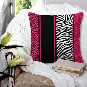 Hot Girl Color Block Throw Pillow with Insert, 45cm Square Zipper Closure, Hot Pink Leopard Print, Black-White Zebra Pattern Design, Soft Comfort, Sofa Bed Accent Cushion, Retro Y2K Home Decor, Gift Choice