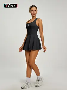 Women's Tennis Dress, Mesh Neck Design, Sleeveless Style, Front Zipper, Back Naked Look, Suitable for Tennis, Golf, Badminton