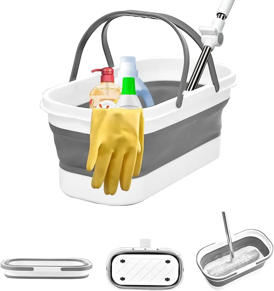 Collapsible Mop Bucket Basin Tub with Handle and Wheels, 12L (3.2 Gallon) Foldable Small Plastic Container for Household Cleaning,  Washing, Portable Basket Bin Tool for Storage Organizer, Grey