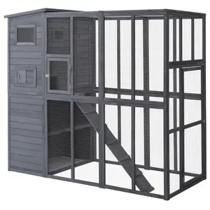 Wooden Outdoor Catio with Platforms, Asphalt Roof, Ramps, Gray