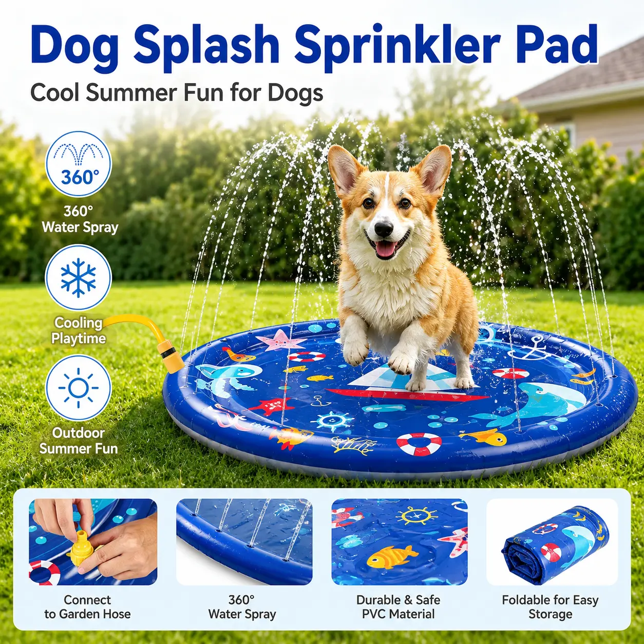 39.4-Inch Dog Splash Sprinkler Pad, Foldable Outdoor Water Play Mat for Summer Cooling, Pet Water Toys for Dogs, Kids Outdoor Play Accessory