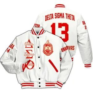 Delta Sigma Theta Varsity Jacket, Custom Chapter White Sorority Outerwear, Clean College Baseball Style, Greek Life Apparel