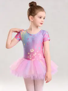 Girls’ short-sleeve ballet tutu dress for summer, gradient heart design, children’s dance outfit