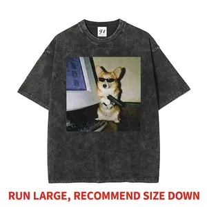 Funny Corgi Dog with Sunglasses & Gun Meme T-Shirt Heavyweight Washed Oversized Unisex Vintage Graphic Streetwear Tee