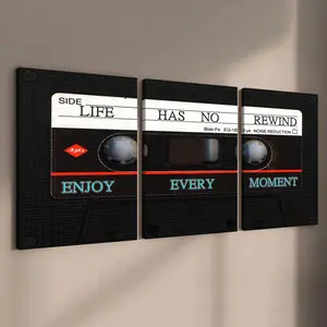 Vintage Cassette Tape Pattern Wall Art, 3 Counts Wooden Framed Canvas Painting, Modern Wall Decor for Home Living Room Bedroom Office