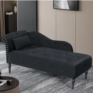 Chaise Lounge Indoor Velvet Button Tufted with Pillow, Nailhead Decorate Rolled Arm Chaise Lounge for Bedroom Living Room