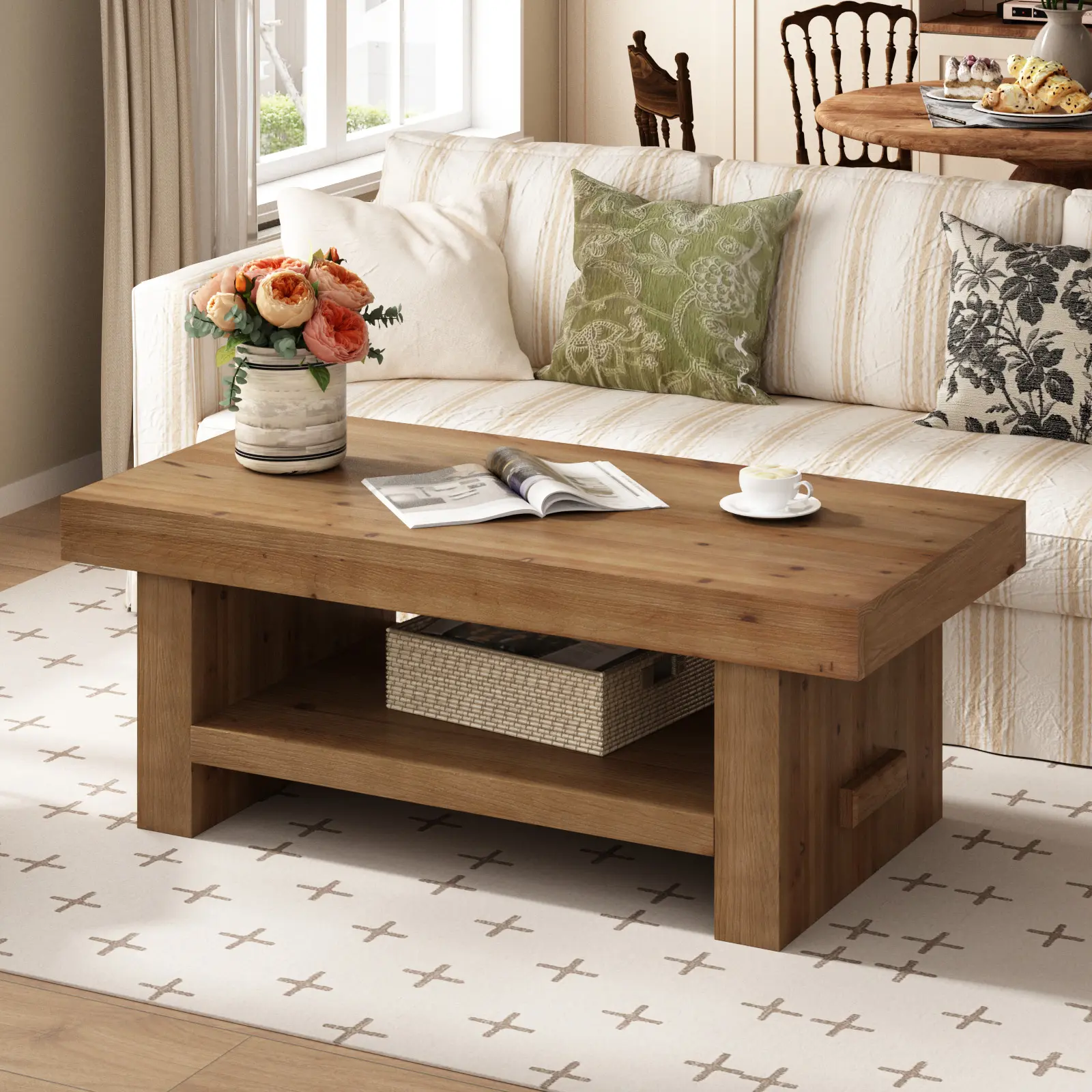 PieDle Solid Wood Coffee Table - 47.2" Coffee Table, Center Tables with Storage Shelf for Living Room