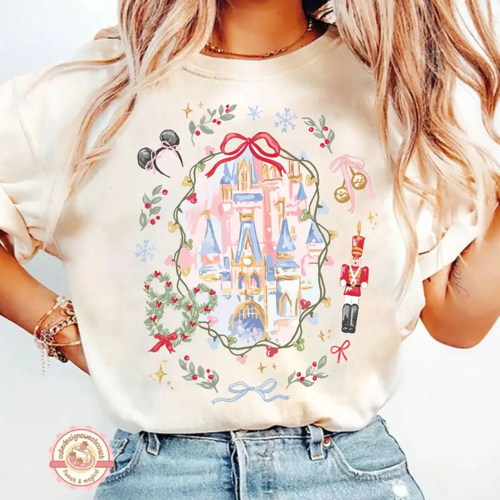 Retro Coquette Bow WDW Castle  Christmas Shirt, Magic Kingdom, Mickey's Very Merry Christmas Party Shirt, Girly Nutcracker Xmas Tee
