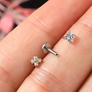 OUFER BODY JEWELRY 16G 316L Metal Coating Flower Threadless Push Pin CZ Flat Back Stud Earring Jewelry - Women's Piercing Accessory for Daily Wear, Helix Piercing Earrings