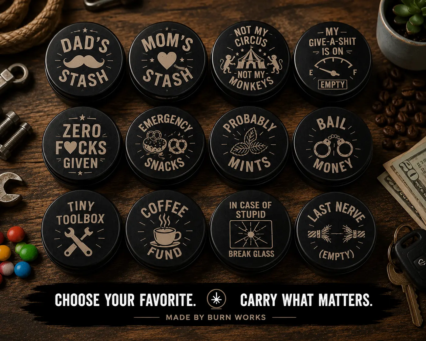Funny Laser Engraved Pocket Storage Tin | Aluminum Screw Top Storage Tin | Choose Your Design