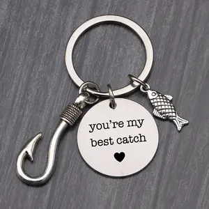 1 Piece Casual, Simple and Personalized You're My Best Catch Fish Hook and Fish Pendant Stainless Steel Men's Key Ring, Fish Hook Keychain, Fishing Gift