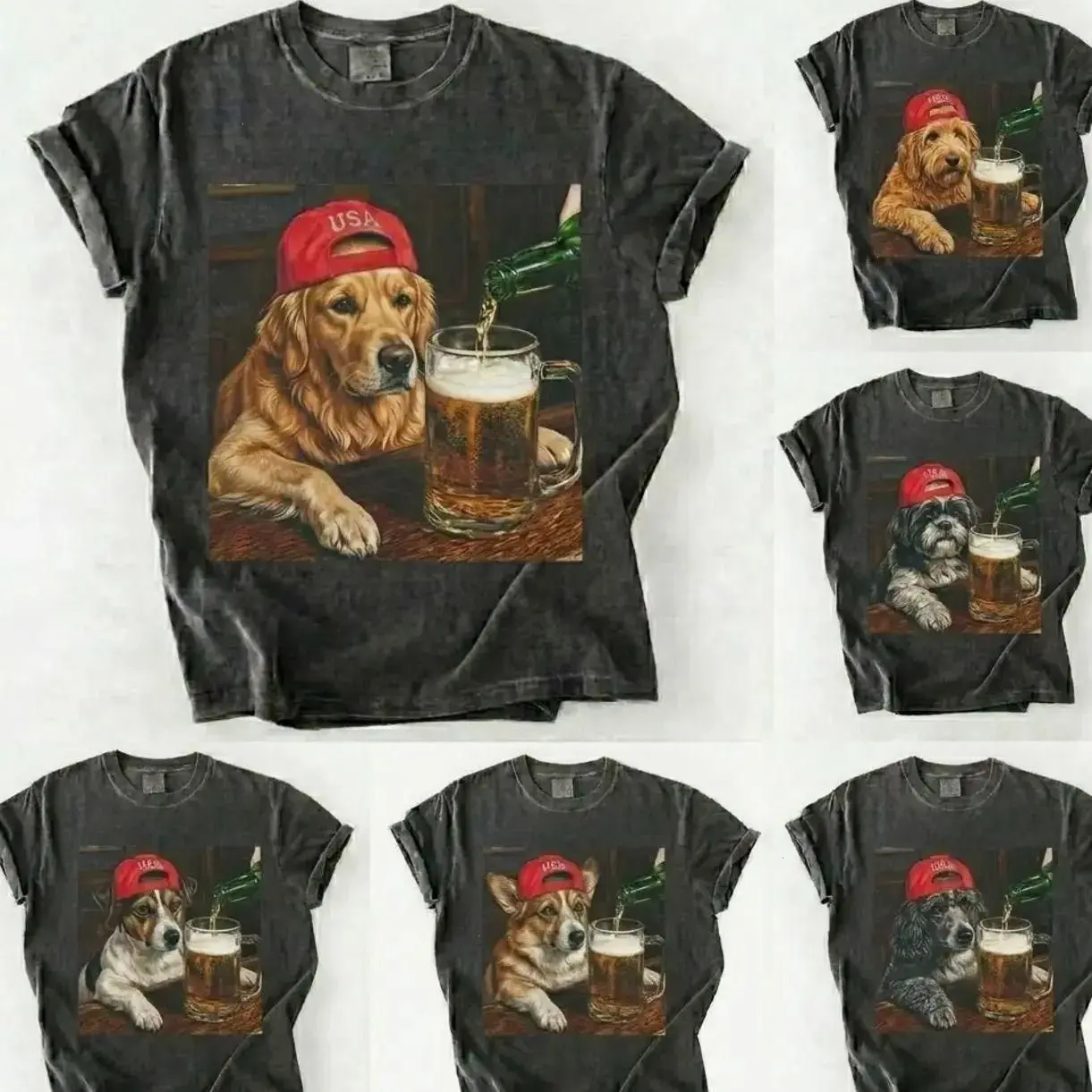 Comfort Colors Pepper 50+ Dog Breeds Available Dog Beers Usa 4th Of July Vintage 90s Meme Graphic Unisex Fit T-Shirt, Apparel Made In The Usa		