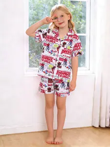 2-piece set of girls' and boys' white background, full body cartoon monster letter mask, printed short sleeved shorts, soft and comfortable top, small pocket collar design, elastic waistband, casual home children's clothing, pajamas set, Snug Fit Pajamas