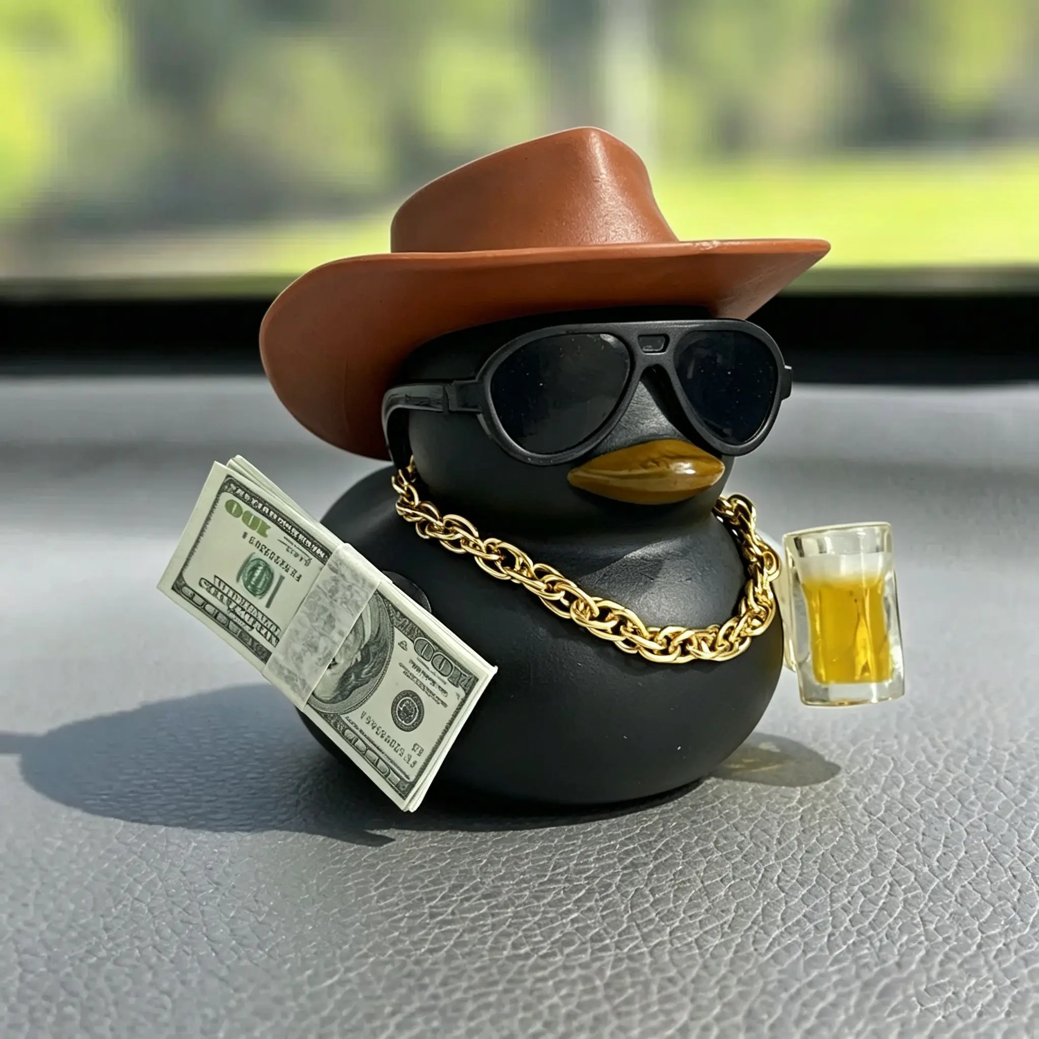 1pc Cool Cowboy Black Duck Car Dashboard Ornament, Funny Western Rubber Duck with Beer & Money, Perfect Aesthetic Car Accessory Gift for Men, Car Interior Decoration, Car Interior Ornaments, Car Interior Accessories