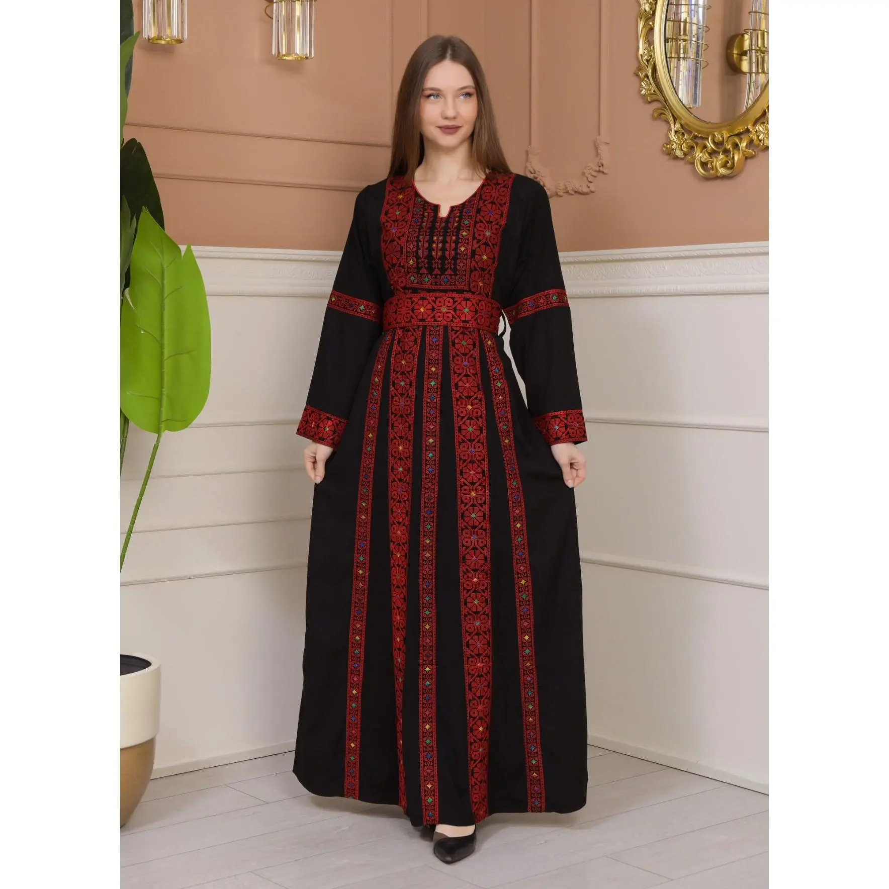 embroidered palestinian dresses Eve Red Tatreez Embroidered Palestinian Kaftan Thobe (3 Piece Set) main image 0