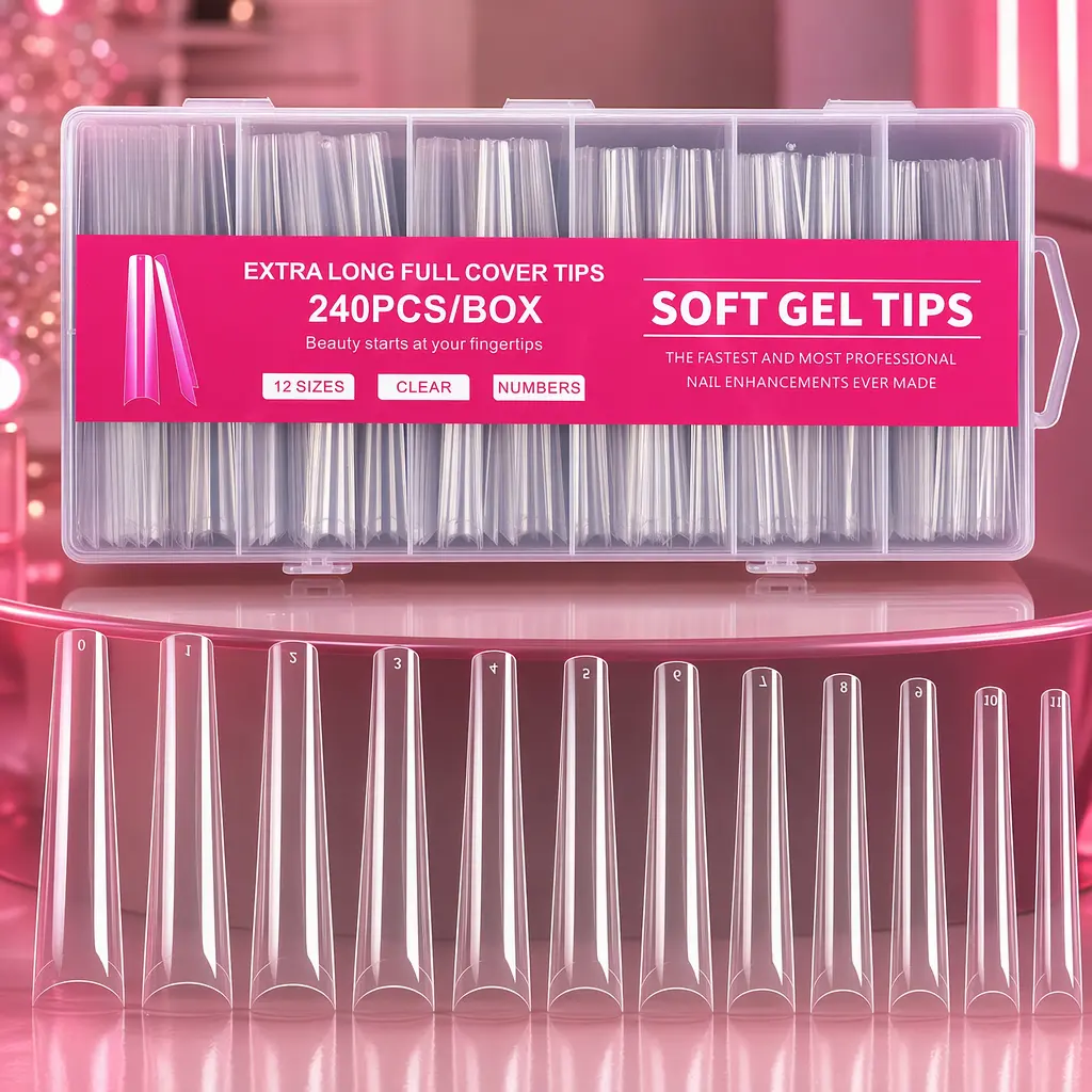 240PCS Extra Long Soft Gel Nail Tips - Clear Full Cover Tapered Coffin Nails, 12 Sizes No Trace Nail Extensions for Salon & DIY