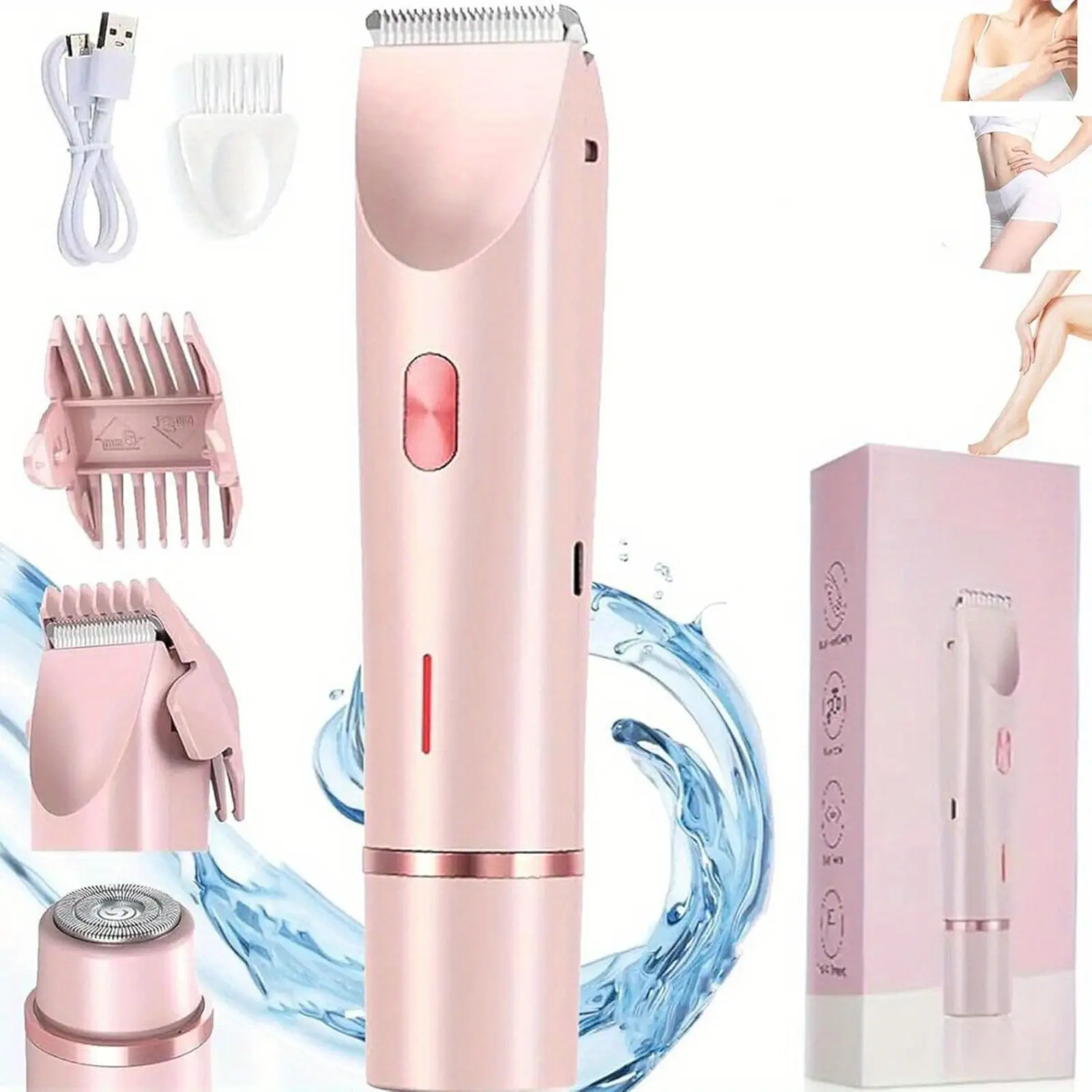 Women's 2-in-1 Multifunctional Body Hair Trimmer, Cordless USB Rechargeable Epilator and Shaver with Stainless Steel Blade, Cleaning Brush, Portable for Bikini, Underarm, Legs, Ideal Birthday/Christmas Gift, Cordless Rechargeable Trimmer