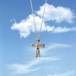 Colorful Flowers Decor Religious Cross Pendant Necklace, Silvery Choker Amulet - Goth Religious Jewelry - For Girls - Perfect Gift for Religious Occasions jew lery chain collar