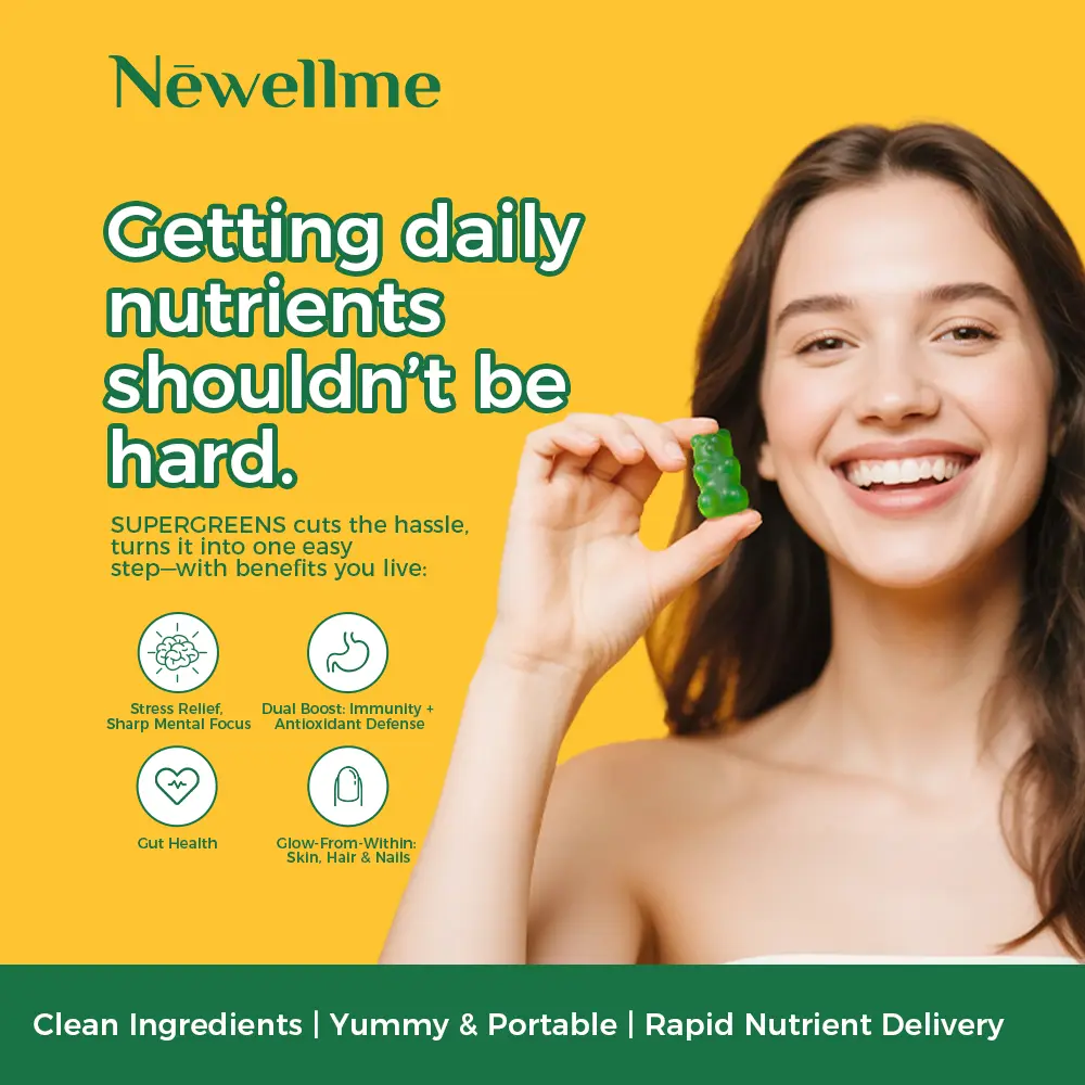 Newellme Super Greens Multivitamin Gummies for Adults, Superfood Gummies with Spirulina, Chlorella & Prebiotic Fiber, Digestive Support Adaptogen Blend, 20 Vitamins & Minerals, 14 Count