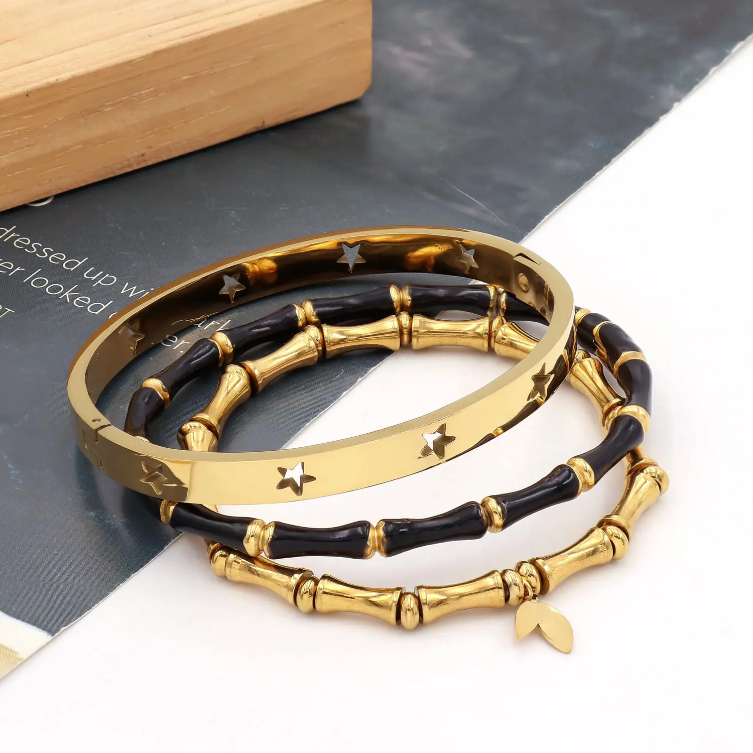 Women's Unisex 3PCS Stainless Steel Bangle Bracelets - Elegant Gold and Black Bamboo Design, Star Accents, Plain, Daily Wear Costume Jewelry Accessory