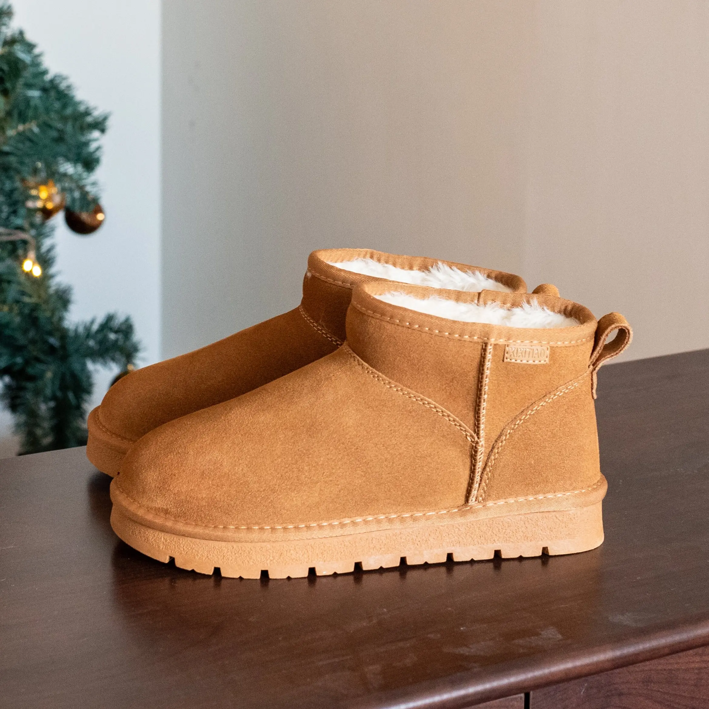 Women's Fuzzy Slip-on Platform Short Ankle Boots - Waterproof Footwear, Suede Leather Lined, Comfy Warm Shoes for Autumn Winter Indoor-Outdoor Use