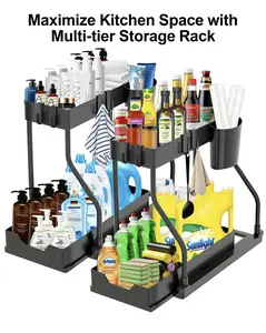 2-Tier Under Sink Sliding Organizer, Heavy-Duty Pull-Out Storage Basket, Easy to Assemble Cabinet Shelf for Kitchen Bathroom Laundry Space Saving