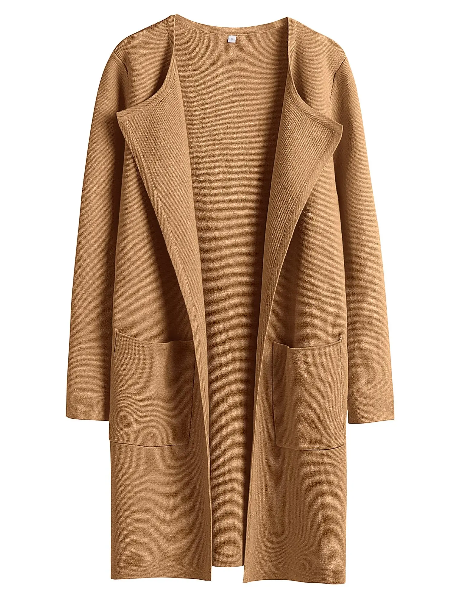 Women's Open Front Coatigan Sweater Long Sleeve Casual Knit Lapel Cardigan Coat with Pockets