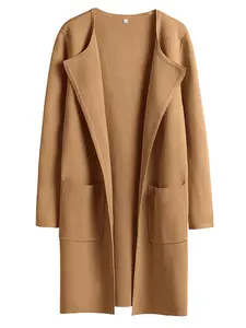 Women's Open Front Coatigan Sweater Long Sleeve Casual Knit Lapel Cardigan Coat with Pockets