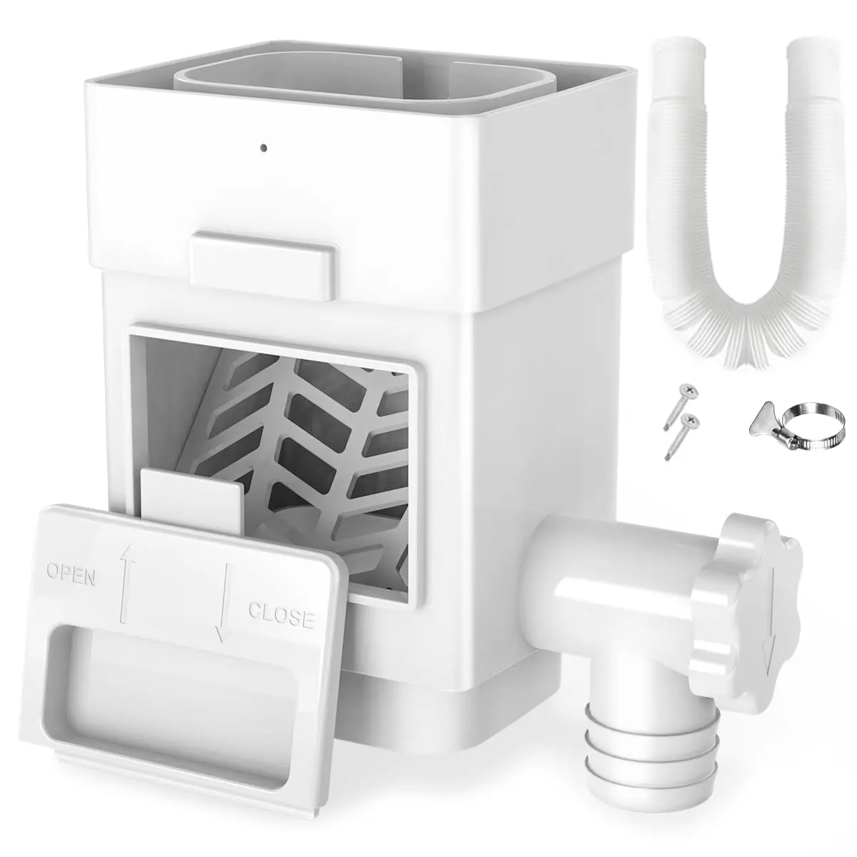Outdoor PVC Plastic Synthetic Rainwater Collection System - Downspout Diverter Fits 2x3"+3x4" Inches Standard Downspouts, Rain Barrel Diverter Kit with Adjustable Valve, Filter, 5ft Hose (White)