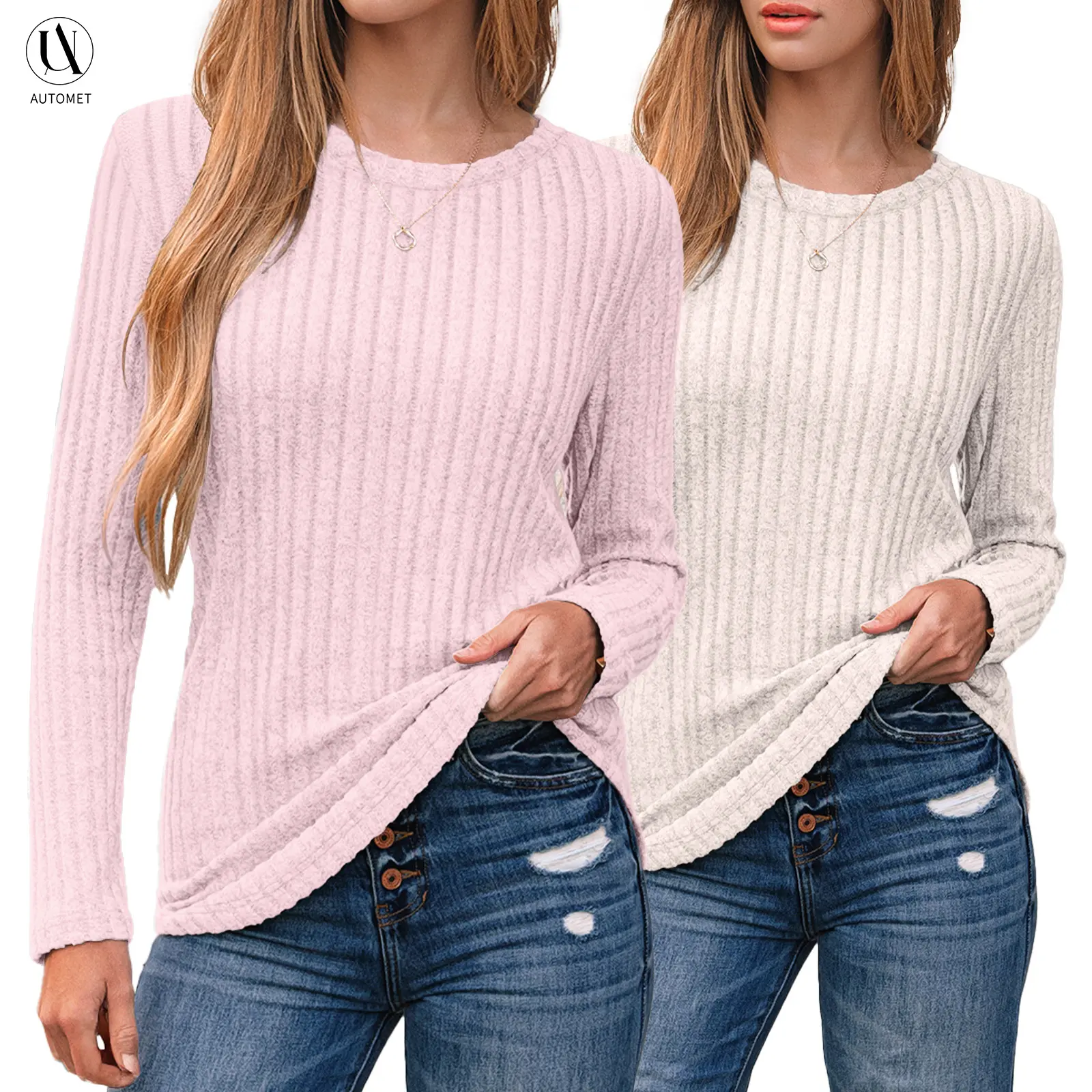 AUTOMET Women's Long Sleeve Tops, 2-Pack Plain Fitted Crew Neck Tunic for Casual Wear, Fall & Halloween, Women's Clothes, New Year, Raglan, Round, Sleeve Blouses & Shirts, Lady, Basic, Round Neck, Thanksgiving, Valentines Day, Full Sleeves