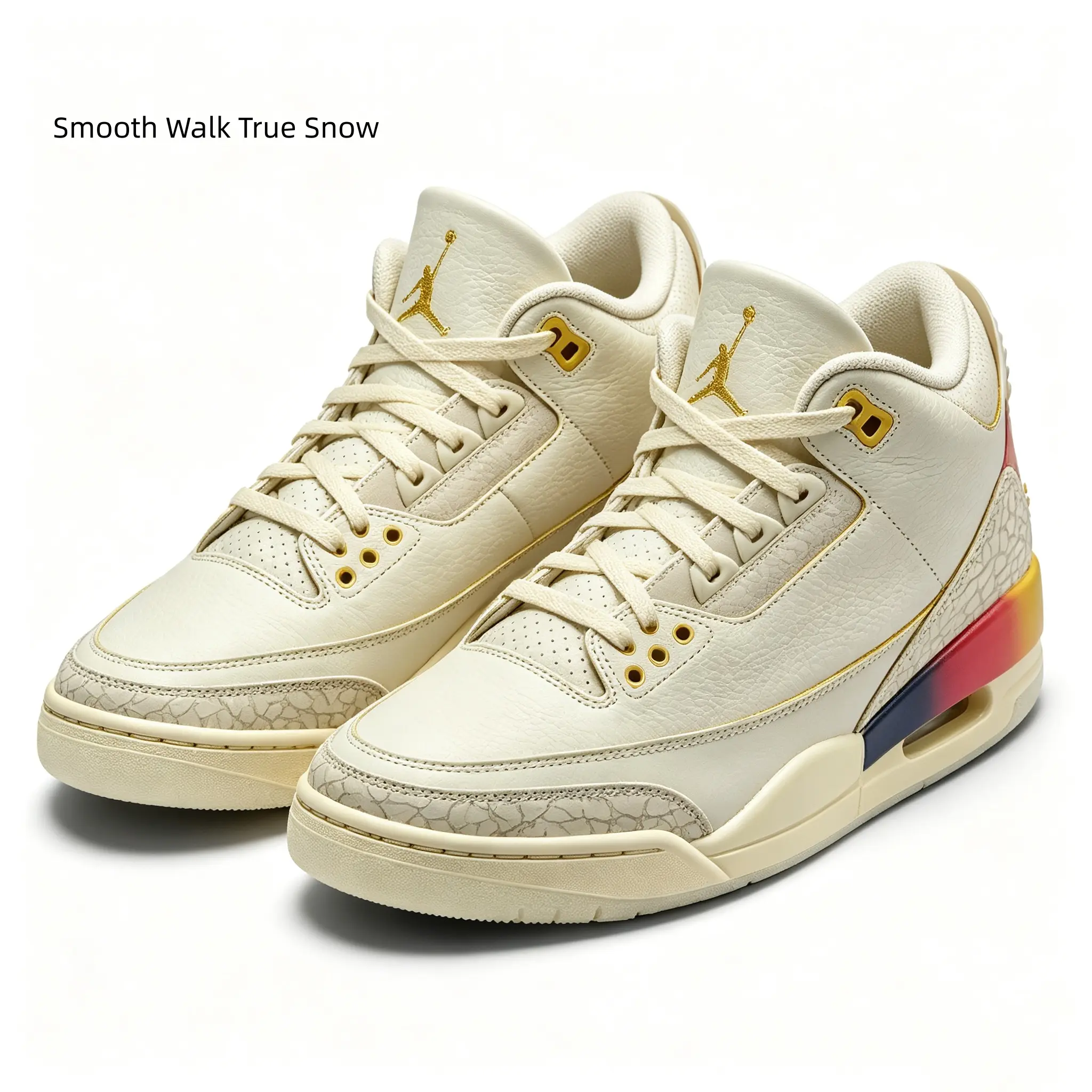 Vintage Mid Top Basketball Sneakers Cream White Genuine Leather Crack Texture Rainbow Gradient Accent Comfort Cushion Daily Walking Trainers Unisex