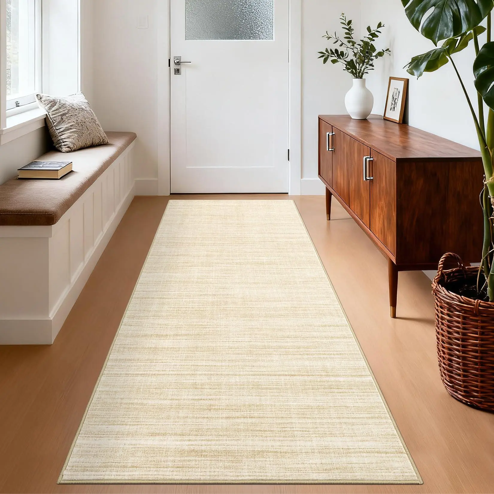 GARVEE Washable Runner Rug 2x6ft Modern Solid Color Kitchen Runner Mat Minimalist Plain Long Runner Rug for Entryway Bedroom Bedside Non Slip Low Pile Boho Accent Solid Runner Rugs for Nursery, Beige