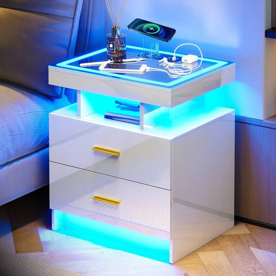 Auto-Sensing LED Nightstand with Wireless Charging Station & USB Ports 3 Drawers White Glass Top Modern Bedside Table for Bedroom Home