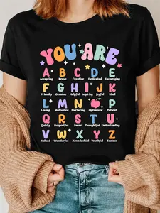 Comfortable And Colorful Teacher-Print T-Shirts, Perfect for Teachers, Teacher'S Day Gifts, Gifts, Back-To- Teacher T-Shirts, 26-Letter Print T-Shirts, Affordable And Cute Women'S Clothing, Figure-Flattering Women'S Clothing, Masquerade
