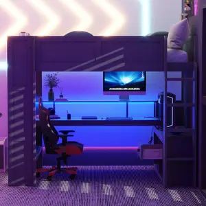 Dark Gray Full Size Wood Gaming Loft Bed Frame with Desk, Multi-Storage Shelves, LED Lights, Charging Station - Unique Indoor Bedroom Furniture, Led Bed Frame