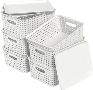 6-Pack Lightweight Plastic Stackable Storage Baskets with Lids, White Breathable Household Organiser Bins for Bath, Fruit, Desktop & Closet Organization