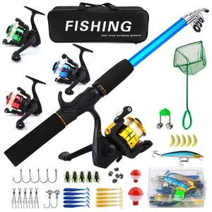Complete Fishing Rod Reel Set with Multi-Color Reels, Full Set Lures Hooks, Net, Portable Bag, Ideal for Beginners & Outdoor Enthusiasts