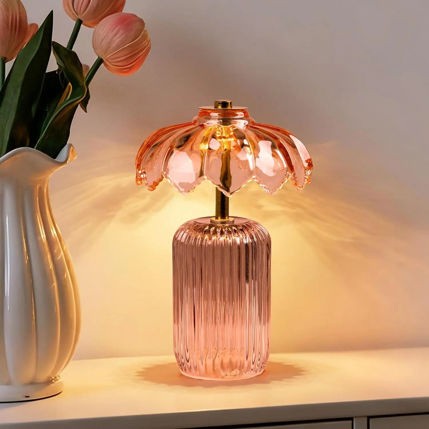 MJ PREMIER Cordless Lamp, Battery Operated Lamp with Timer, Crystal Glass Flower Lampshade, Small Table Lamps, Decorative Led Warm Light for Bedroom Living Room Shelf ,Bedroom light,nightlight[Summer Vibes]