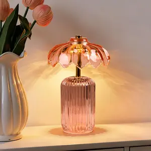 MJ PREMIER Cordless Lamp, Battery Operated Lamp with Timer, Crystal Glass Flower Lampshade, Small Table Lamps, Decorative Led Warm Light for Bedroom Living Room Shelf (S-Pink)