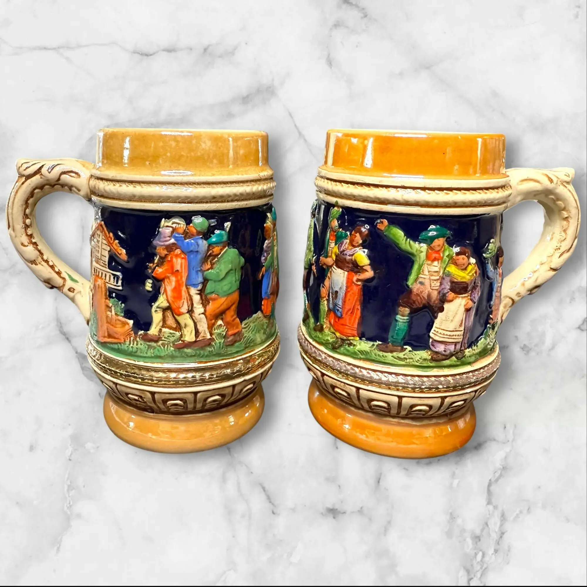 Vintage German Beer Steins | Hand-Painted Stoneware Mugs | Set of 2 | Great Condition