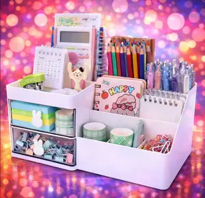 Desk Organizer, Makeup Organizer with 2 Drawer, 7 Compartment & a Top Tray, Desktop Organizers and Storage