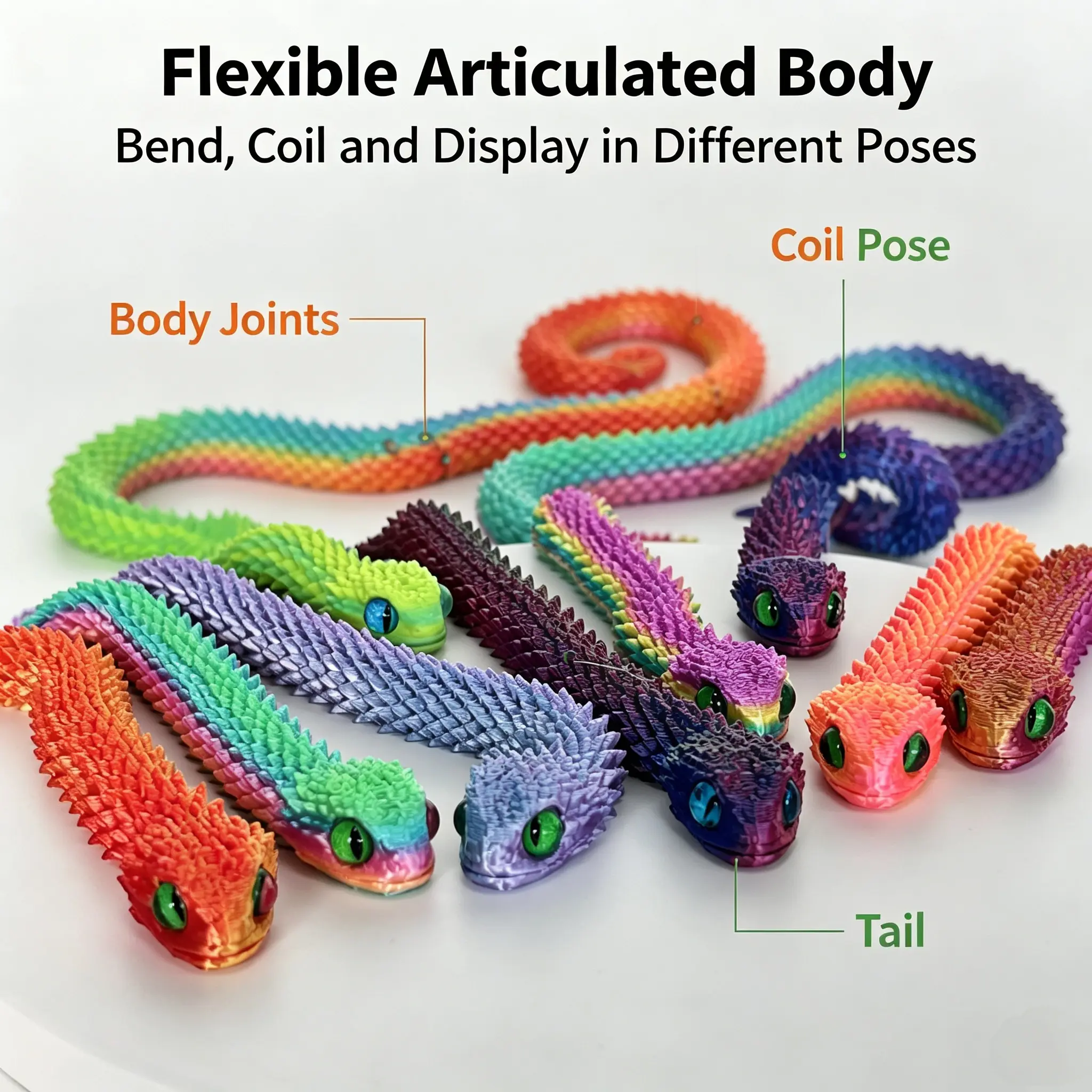 15-Piece Assorted 3D-Printed Flexible Articulated Mini Snake Set, Movable Joint Fidget Snake Figures for Halloween Decoration, Kids’ Gifts & Party Supplies