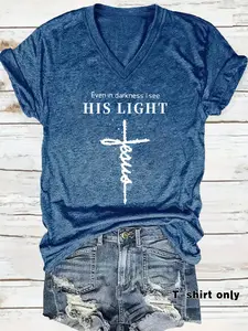 Women's Graphic Cross & Letter Print V Neck Tee, Casual Christian T-shirt for Summer, Women's Top for Daily Wear, Womenswear, Fit, Streetwear
