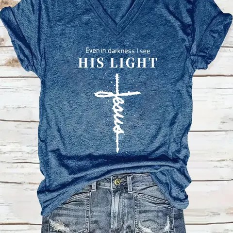 Women's Graphic Cross & Letter Print V Neck Tee, Casual Christian T-shirt for Summer, Women's Top for Daily Wear, Womenswear, Fit, Streetwear, Casual Street Fashion