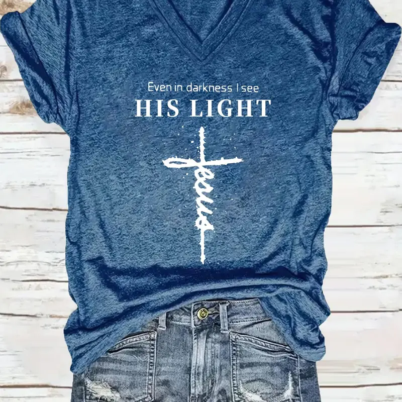 Women's Graphic Cross & Letter Print V Neck Tee, Casual Christian T-shirt for Summer, Women's Top for Daily Wear, Womenswear, Fit, Streetwear, Casual Street Fashion