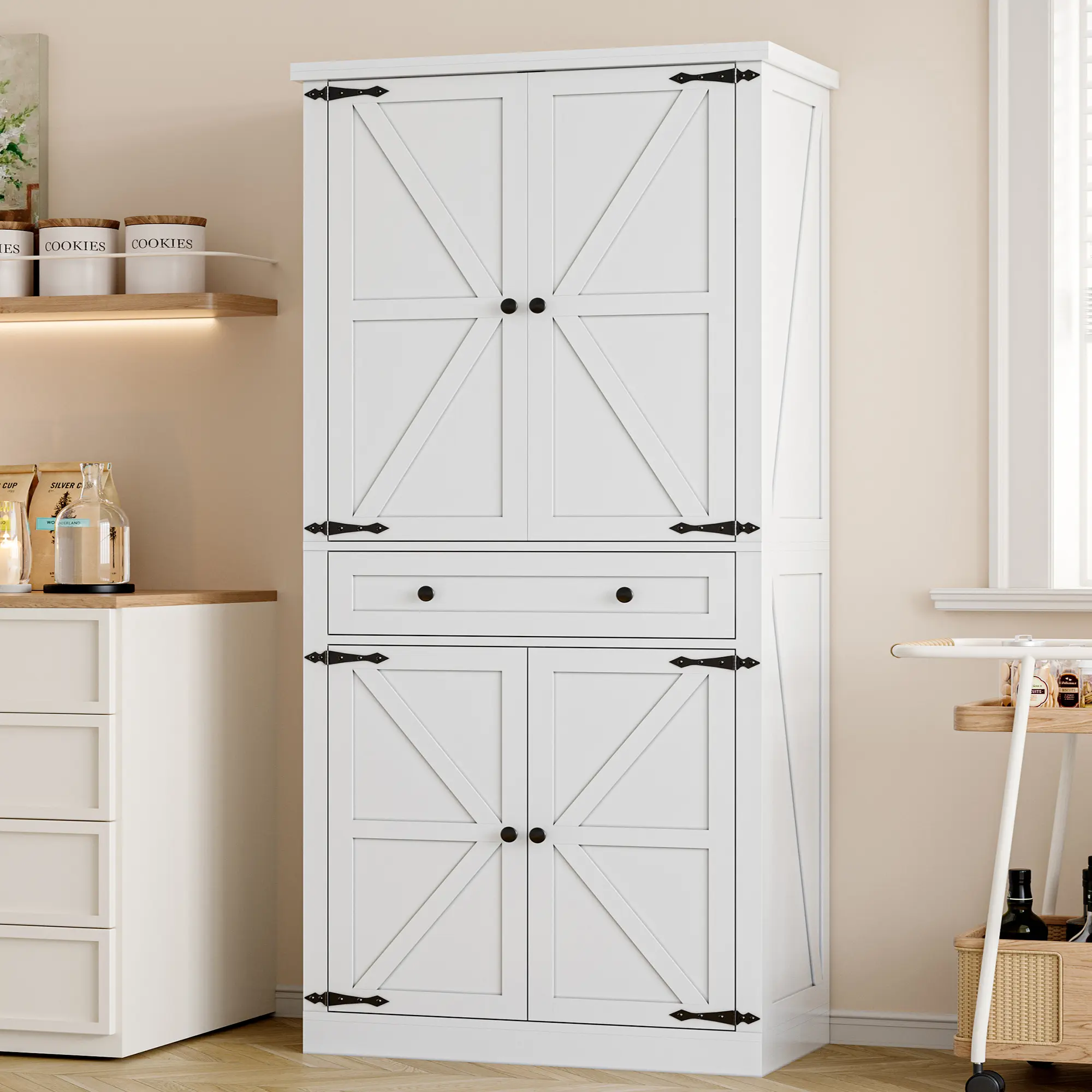 Farmhouse Kitchen Pantry Cabinet with Barn Door,69’’ Tall Storage Cabinet with Adjustable Shelves & Drawer,Freestanding Cupboard for Kitchen, Living Room, Bedroom,Dining Room,Office,White Engineered Wood Dressers fathers day gift ideas